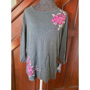 Karen Scott Womens Floral Embroidered Top Gray XL NWT